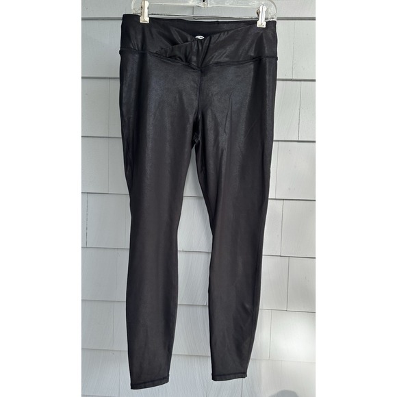 Women's Faux Leather Leggings Black Size L 12-14 Mid Rise Crossover Waist - Picture 1 of 5
